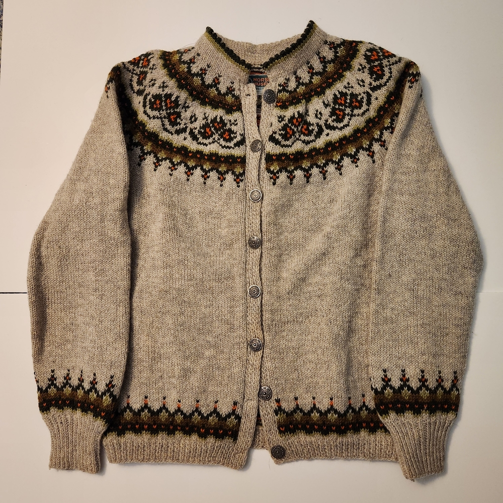 Norsk Husflid Nordic Virgin Wool Knit Button Down Cardigan Green Brown Orange SM